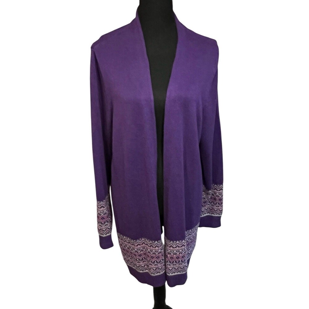 Purple Open Sweater Chunky Fair Isle Detail Size 2X Duster Cardigan Charter Club